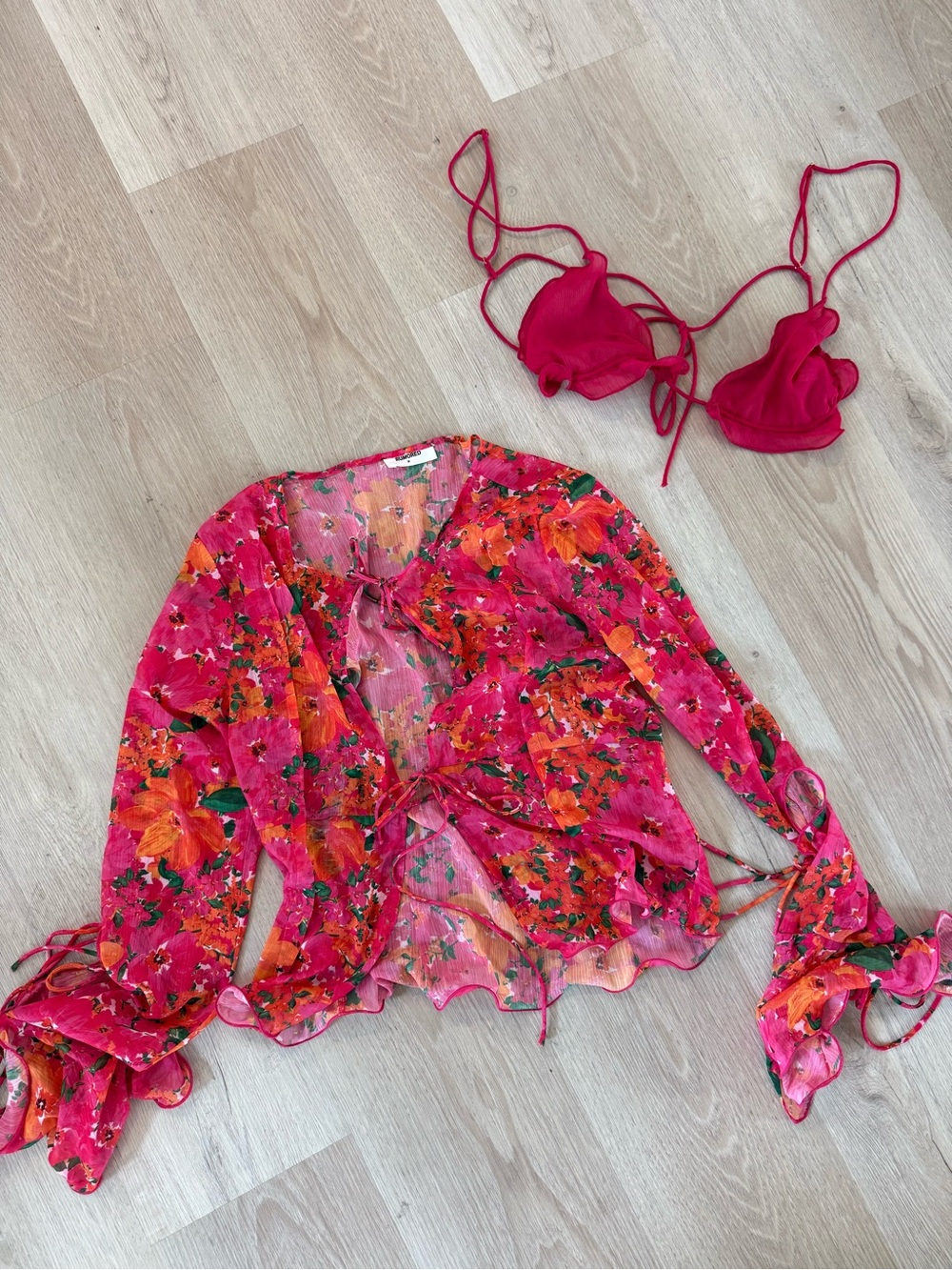 Rumored Sheer Pink Floral Tie-Front Blouse